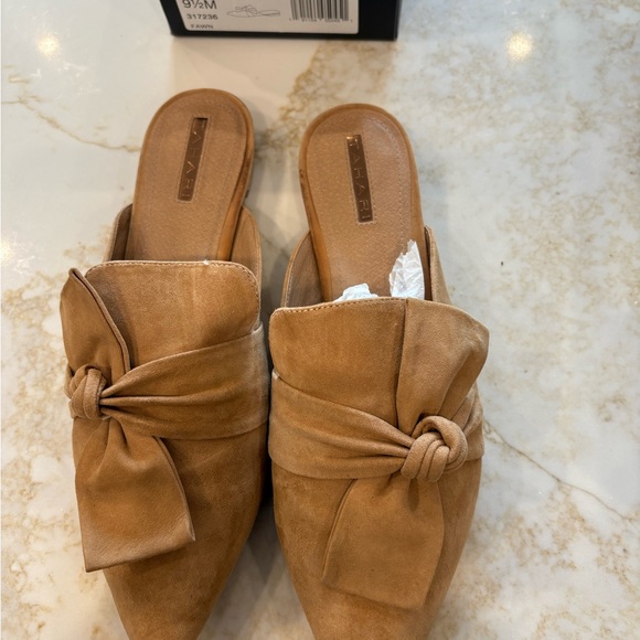 Tahari Tan Suede Knot Mules - Picture 1 of 10
